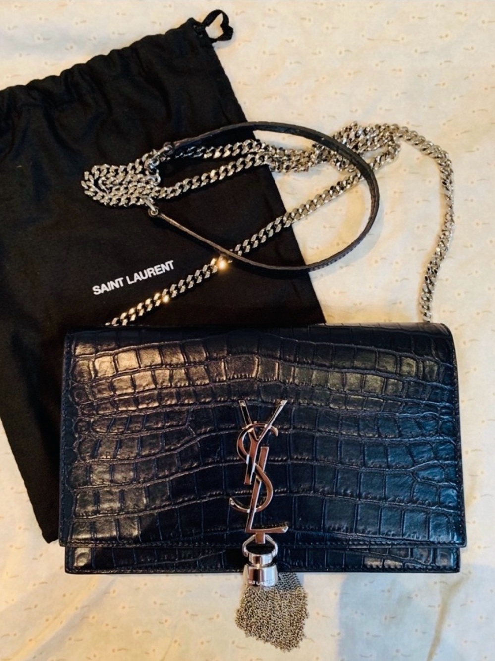 Saint Laurent Navy Croc-Embossed Leather Shoulder Bag with Tassel